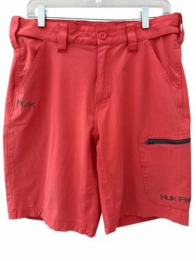 Huk Fishing Shorts Men Sz M Coral Zip Cargo Pocket Quick Dry Performance 10.5 in